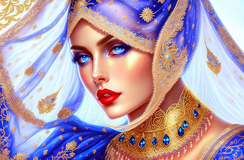 Beauty from the Orient, girl, woman, blue, art, veil, , beautiful, lamamake art, jewelry, gold, digital, fantasy, face, HD wallpaper