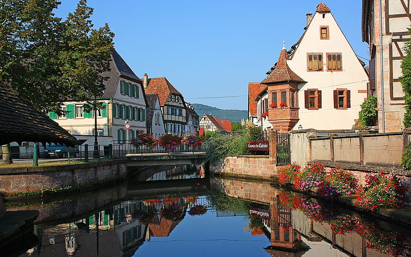 Town in Alsace, France, water, Alsace, town, France, reflection, HD wallpaper
