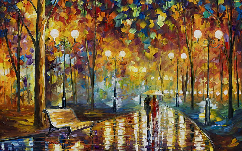 Artistic, Painting, Couple, Night, Park, rain, HD wallpaper