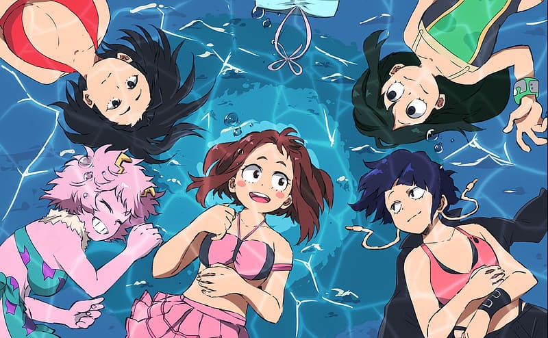 Anime, Water, Smile, Bracelet, Pink Hair, Swimsuit, Blue Hair, Black Hair, Brown Hair, Bikini, My Hero Academia, Ochaco Uraraka, Mina Ashido, Momo Yaoyorozu, Kyōka Jirō, Tooru Hagakure, Tsuyu Asui, HD wallpaper