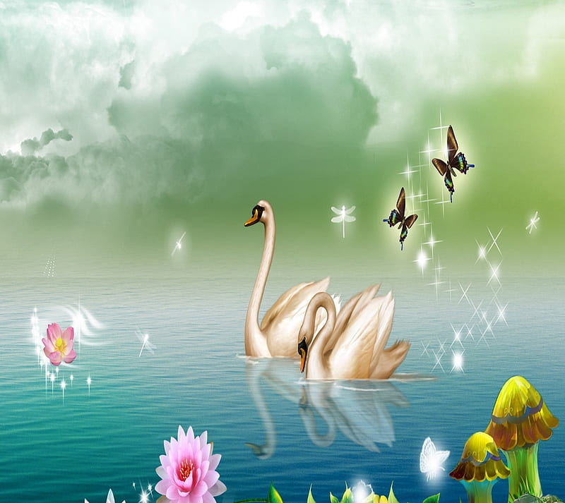 Swans, abstract, butterfly, flowers, nature, waterlily, HD wallpaper