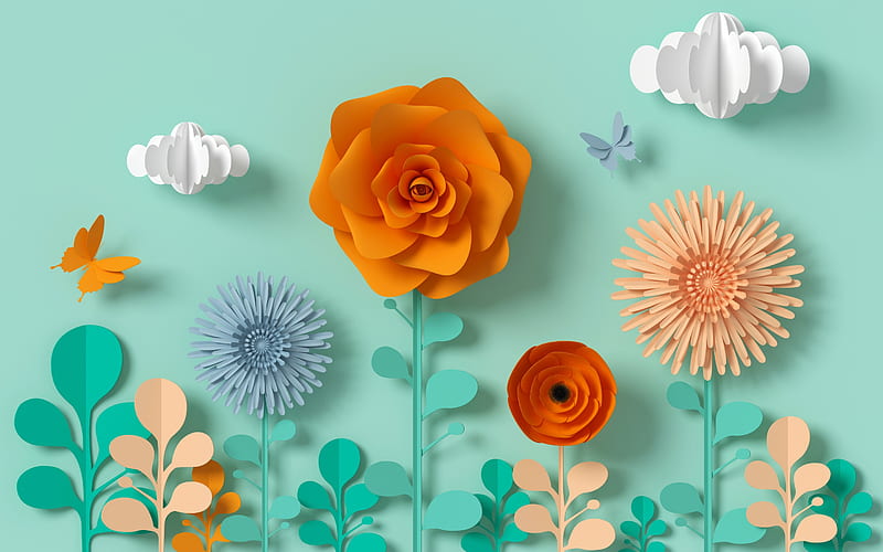 Flores, flor, nube, papel, naranja, azul, Fondo de pantalla HD | Peakpx