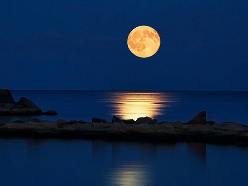 May the odds be with you, rocks, moon, nature, reflections, lake, night, HD wallpaper