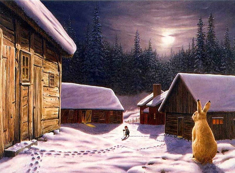 Fullmoon in winter, forest, rabbit, lovely, houses, bonito, magic, animal, winter, splendor, snow, HD wallpaper