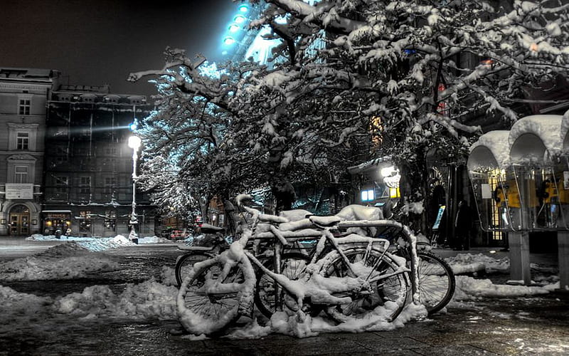 Winter, city, snow, bicycle, night, cold, HD wallpaper