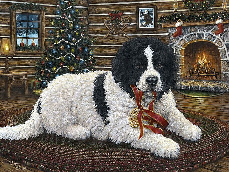 Christmas Companion, ornaments, tree, christmas, painting, room, artwork, chimney, dog, HD wallpaper