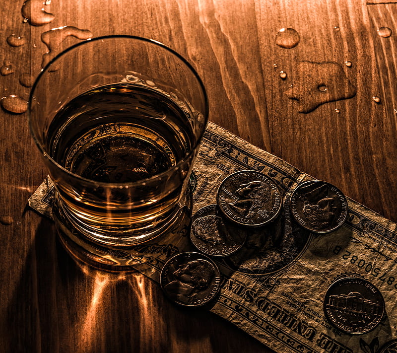 Cash and Coin, alcohol, drink, money, whiskey, wood, ztaxes, HD wallpaper
