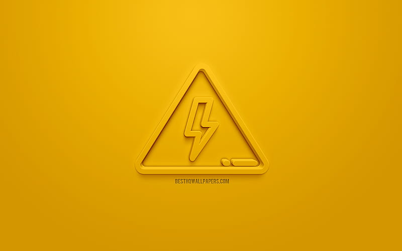 High Voltage 3d icon, yellow background, 3d symbols, High Voltage, creative 3d art, 3d icons, High Voltage sign, warning signs, HD wallpaper