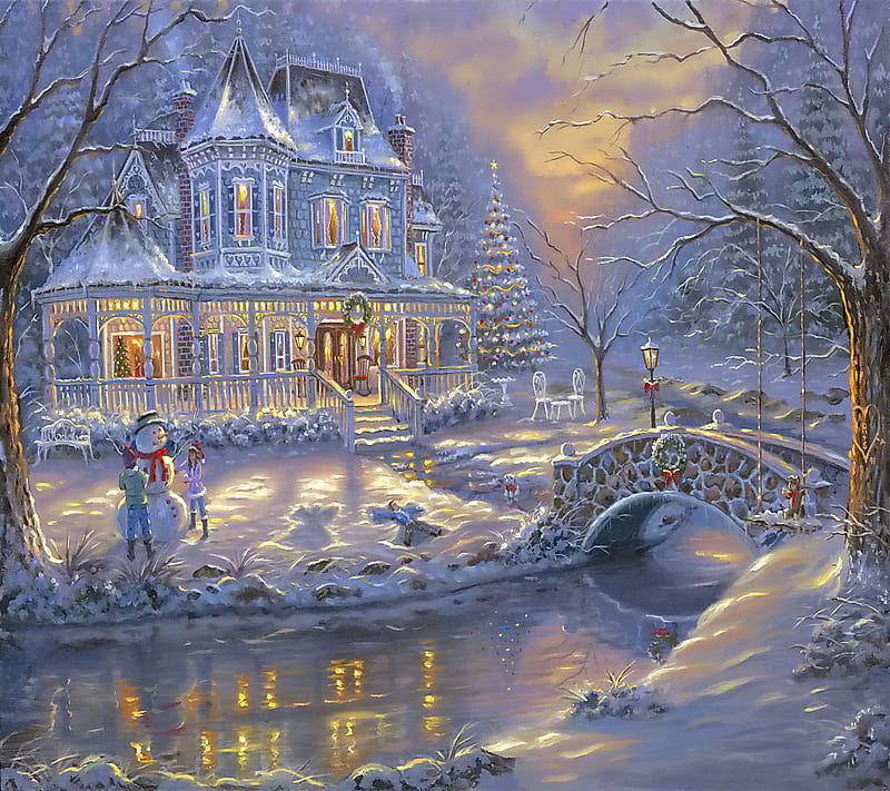 Christmas Time, eve, house, snow, winter, HD wallpaper