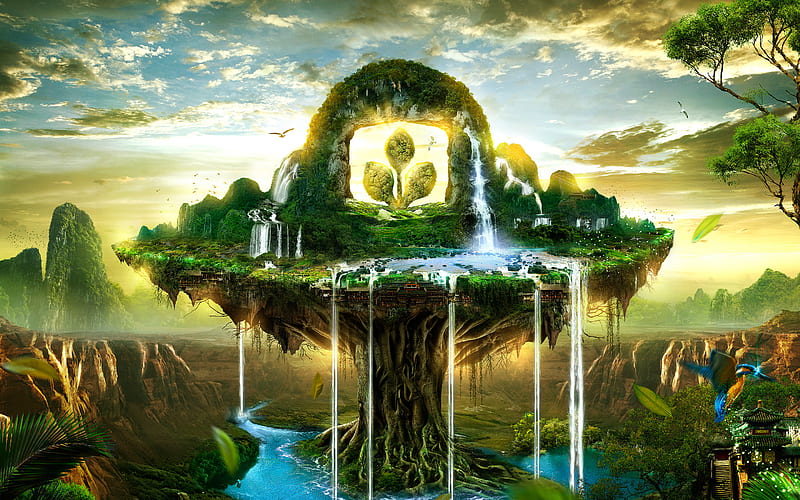 magic tree, waterfalls, island, forest, mountains, Asia, HD wallpaper