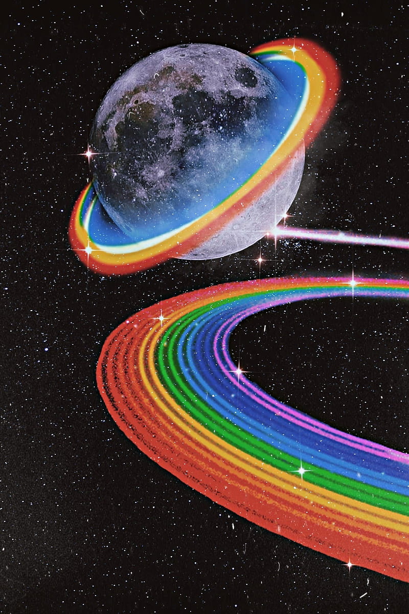 Rainbow Planet, colorful, colors, galaxy, saturn, space, stars, stripes, universe, HD phone wallpaper