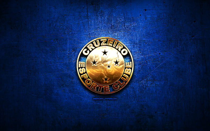 Cruzeiro FC, golden logo, Brazilian Seria A, blue metal background, soccer, brazilian football club, Cruzeiro logo, football, Cruzeiro EC, Brazil, HD wallpaper