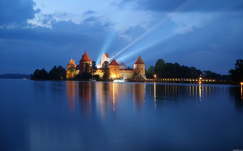 Citadel at night, citadel, castle, sky, lake, night, HD wallpaper