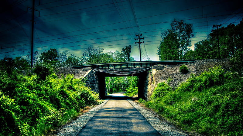 railway bridge over lonely road r, railway, bridge, grass, r, electric lines, road, HD wallpaper
