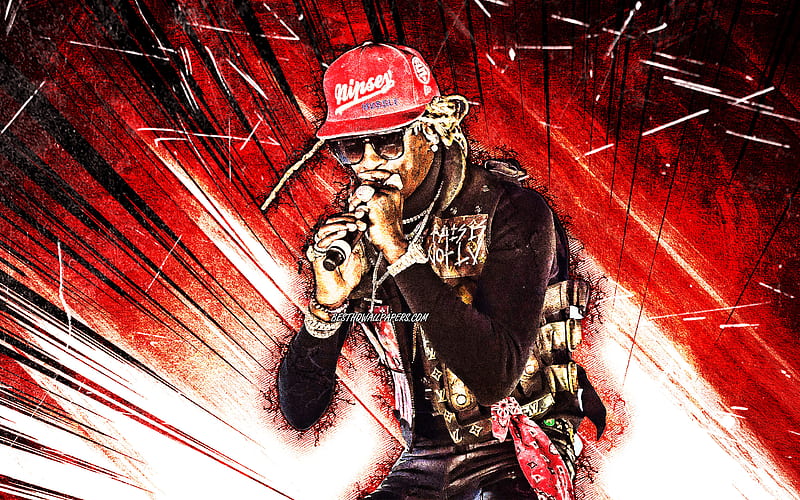 Young Thug, grunge art, american rapper, music stars, creative, Young Thug with microphone, Jeffery Lamar Williams, red abstract rays, american celebrity, Young Thug, HD wallpaper