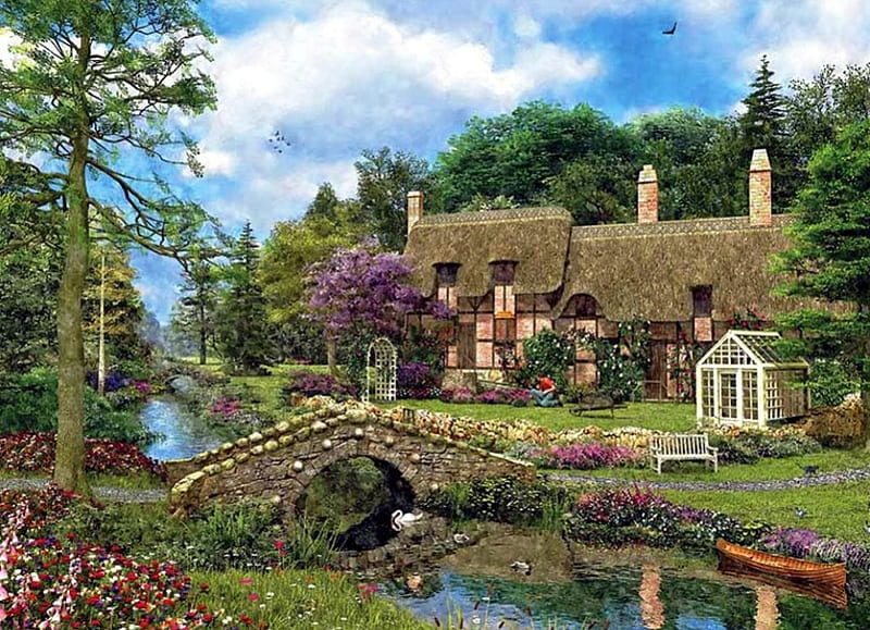 Cobble Walk Cottage, house, greenhouse, bench, trees, clouds, artwork, bridge, painting, flowers, river, HD wallpaper