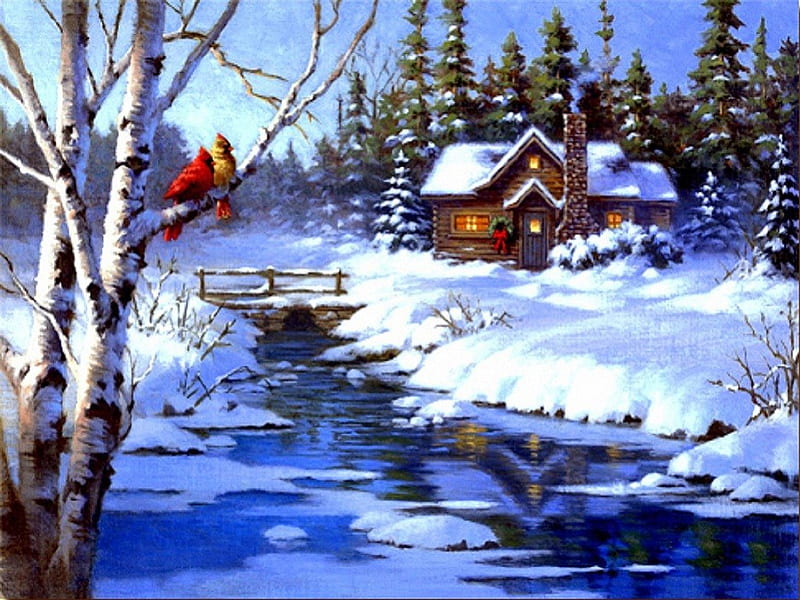★Northern Creek★, architecture, cottages, holidays, cottage, branches trees, digital art, seasons, xmas and new year, greetings, cardinals, paintings, landscapes, northern creek, scenery, drawings, christmas, bridges, love four seasons, creek, winter, snow, winter holidays, northern, reflections, HD wallpaper