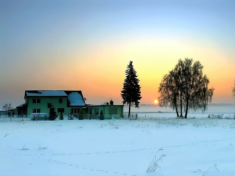Dawn Winter, scenic, sun, breathtaking, bonito, seasons, farm, graphy, nice, scenario, sunsets, morning, paisage, amazing, sunrises, dawn, lakes, paysage, fantastic, houses, sky, trees, winter, cool, snow, ice, awesome, hop, spectacular, magnific, frozen, landscape, HD wallpaper