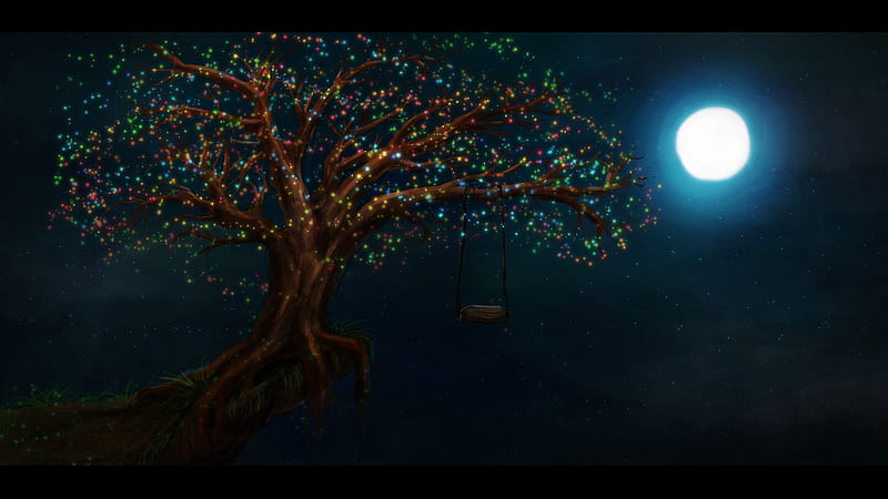 Swing under the moonlight, moon, luminos, manga, tree, fantasy, moon, anime, dark, night, HD wallpaper