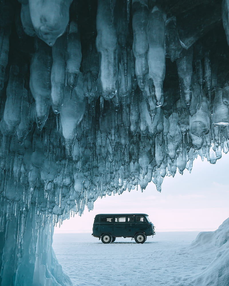 car, van, ice, stalactites, snow, HD phone wallpaper