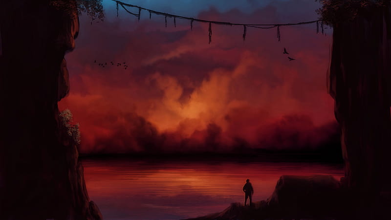 man, silhouette, alone, rocks, water, sunset, art, HD wallpaper