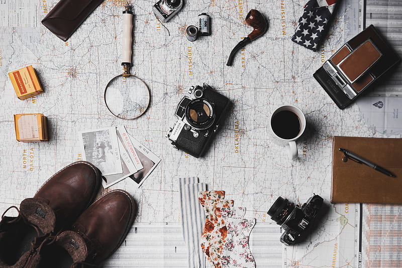 camera, pair of brown shoes, white ceramic mug, grey and black pen, brown smoking pipe, HD wallpaper