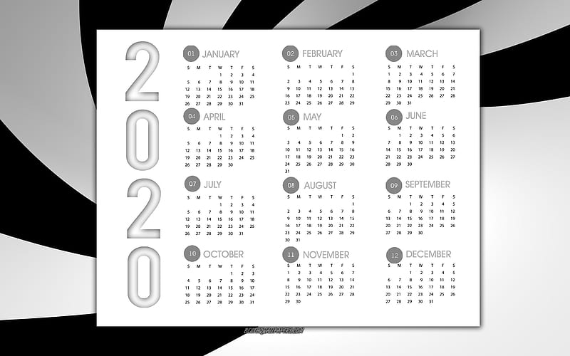 Black 2020 Calendar, all months, creative black background, 2020 calendars, Happy New Year 2020, 2020 all months, HD wallpaper