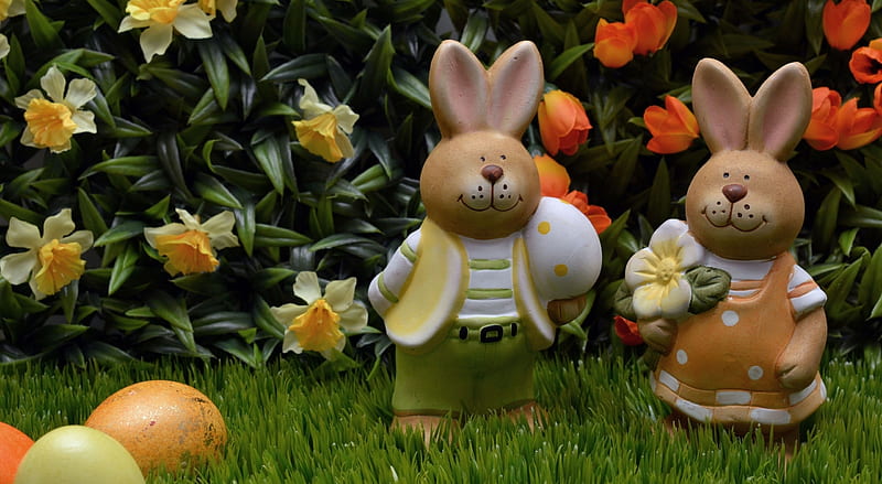 Happy Easter!, egg, rabbit, garden, flower, eater, bunny, figurine, card, HD wallpaper