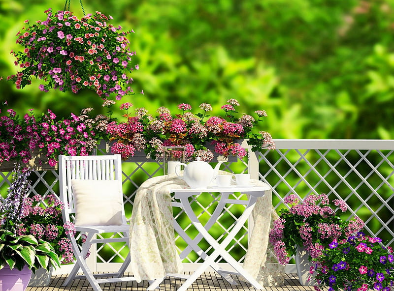 Beautiful Day, veranda, coffee, grass, flowers, garden, nature, tea, HD wallpaper