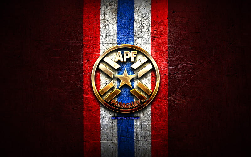 Paraguay National Football Team, golden logo, South America, Conmebol, red metal background, Paraguayan football team, soccer, APF logo, football, Paraguay, HD wallpaper