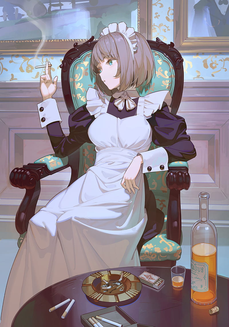 anime, anime girls, maid, uniform, relaxing, cigarettes, smoking, sitting, bottles, alcohol, matches, aqua eyes, looking into the distance, maid outfit, short hair, Timbougami, HD phone wallpaper
