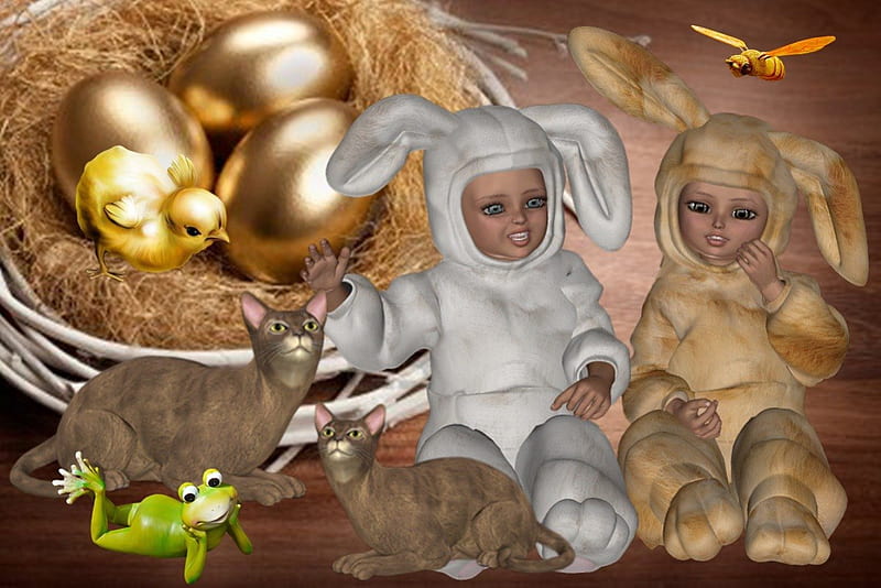 Bunny Babys, rabbit, chicken, eggs, bunny, spring, easter, frogg, HD wallpaper