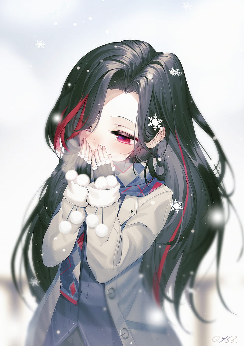 anime, anime girls, simple background, original characters, snow, vertical, black hair, red eyes, HD phone wallpaper