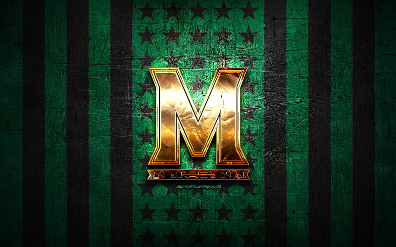 Maryland Terrapins flag, NCAA, green black metal background, american football team, Maryland Terrapins logo, USA, american football, golden logo, Maryland Terrapins, HD wallpaper