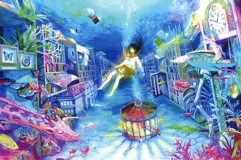 Underwater world, fuji chocko, fish, manga, girl, anime, giraffa, pink, blue, HD wallpaper