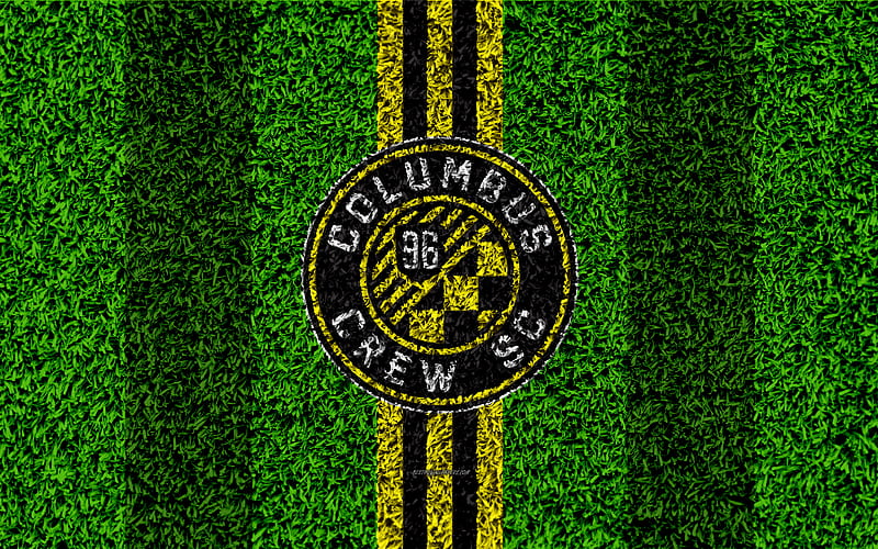 Columbus Crew SC MLS, football lawn, logo, american soccer club, yellow black lines, grass texture, Columbus, Ohio, USA, Major League Soccer, football, HD wallpaper