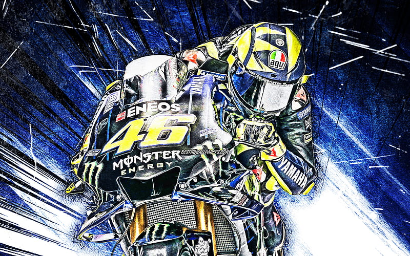 Valentino Rossi, grunge art, MotoGP, raceway, Yamaha YZR-M1, Valentino Rossi on track, blue abstract rays, racing bikes, Monster Energy Yamaha MotoGP, Yamaha, HD wallpaper