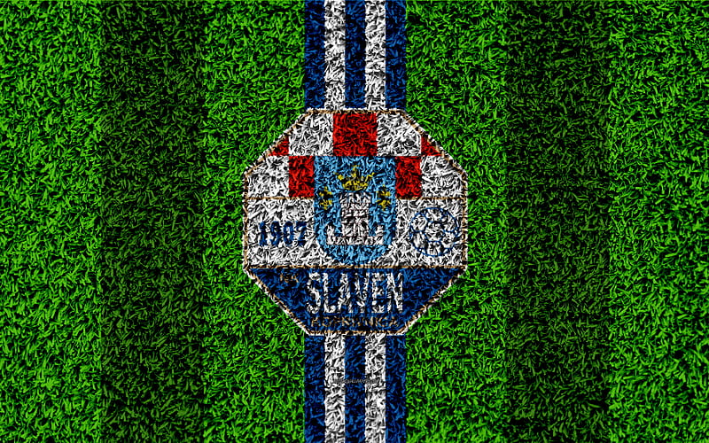 NK Slaven Belupo football lawn, logo, Croatian football club, white blue lines, grass texture, HNL, Koprivnica, Croatia, football, Croatian First Football League, Slaven Belupo FC, HD wallpaper