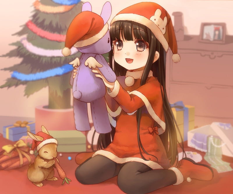 Toy Bunny, pretty, christmas tree, children, adore, adorable, sweet, kid, nice, anime, anime girl, child, long hair, female, lovely, holiday, christmas, brown hair, toy, brown eyes, happy, cute, kawaii, girl, merry christmas, HD wallpaper