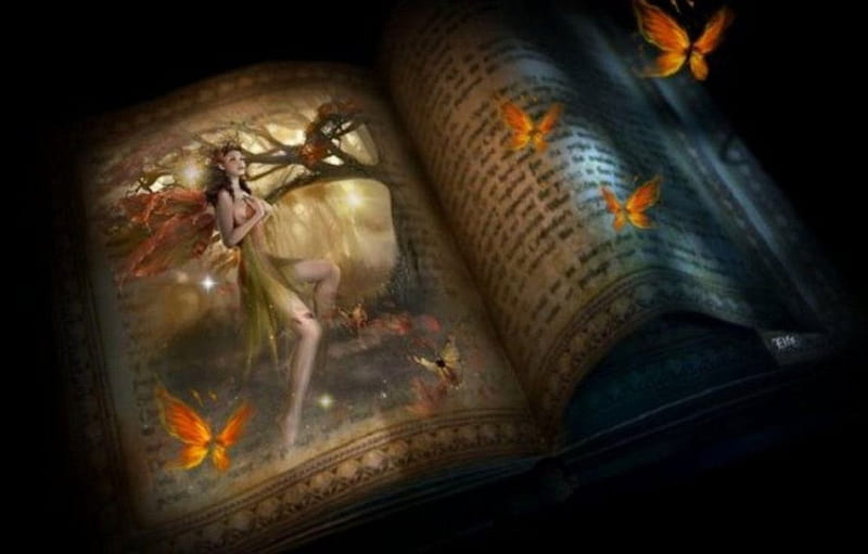 Tale Of The Butterfly Fairy, brown, orange, book, black, yellow, butterflies, tales, fairy tales, white, fairy, blue, HD wallpaper Tale Of The Butterfly Fairy, brown, orange, book, black, yellow, butterflies, tales, fairy tales, white, fairy, blue, HD wallpaper