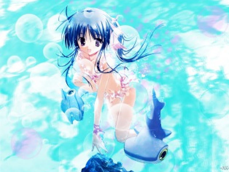 Blue Water Blushing, cute, water, blushing, anime girl, blue, bikini, HD wallpaper Blue Water Blushing, cute, water, blushing, anime girl, blue, bikini, HD wallpaper