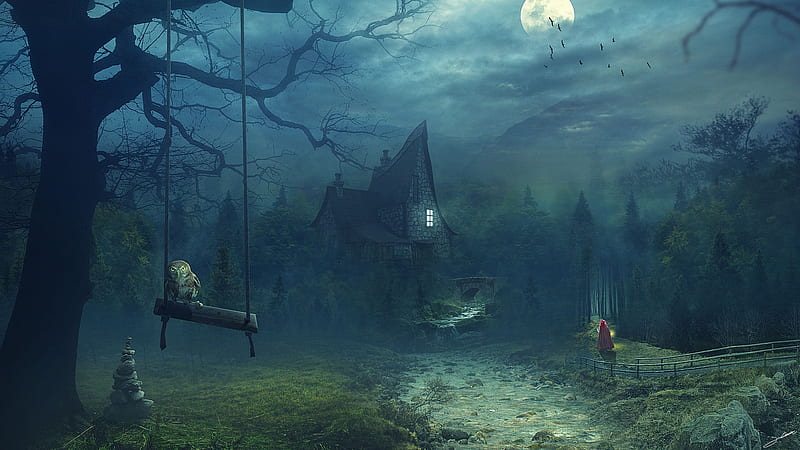 Red Riding Hood, owl, fantasy, moon, luminos, swing, bird, pasari, fantasyart0102, HD wallpaper