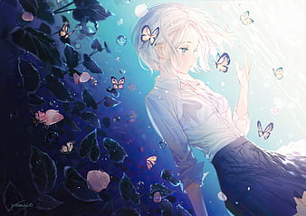 Anime girl, falling down, bubbles, underwater, Anime, HD phone wallpaper