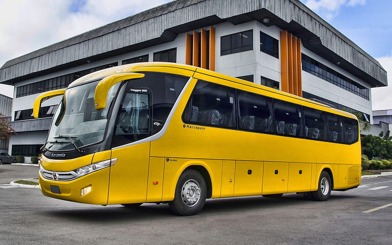 Marcopolo Viaggio 900, 2019 buses, Scania K410, passenger bus, city transport, yellow bus, Scania, R, bus on parking, HD wallpaper