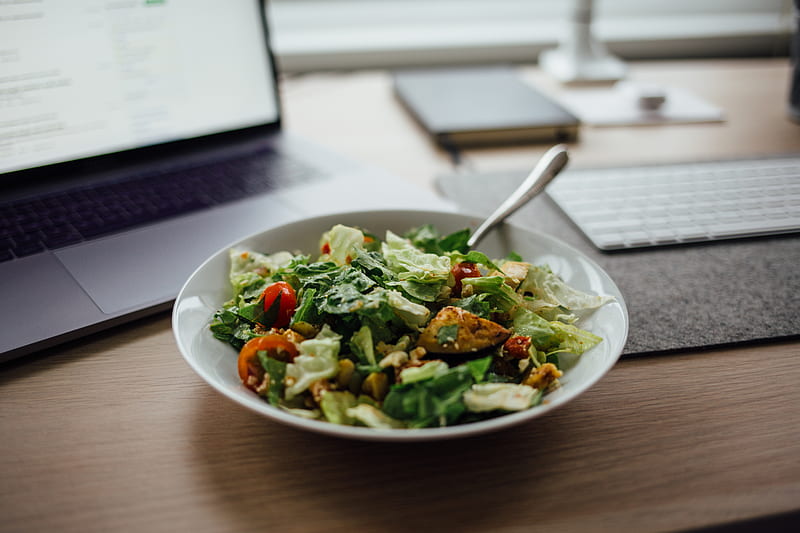 salad on white ceramic bowl on top of table near laptop, HD wallpaper