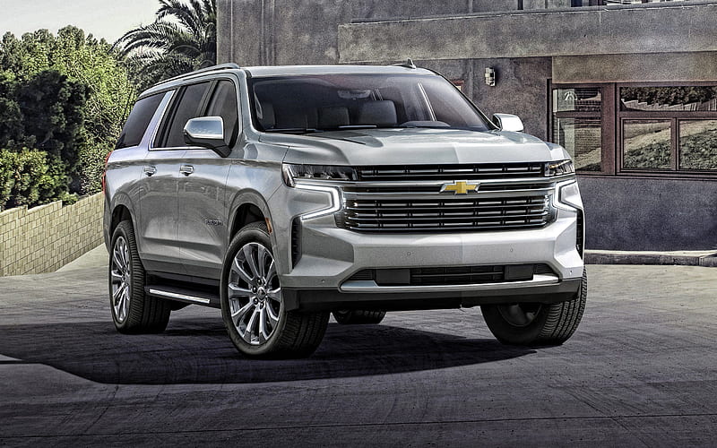 2021, Chevrolet Suburban, exterior, front view, luxury silver SUV, new silver Suburban, American cars, Chevrolet, HD wallpaper