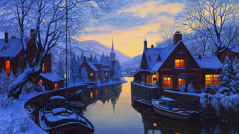 An old inn by the river, river, winter, canal, art, town, cold, beautiful, houses, inn, old, painting, boats, snow, Evgeny Lushpin, lantern, evening, reflection, HD wallpaper
