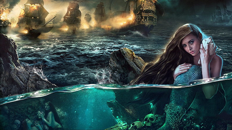 Mermaid, pirate, sea, fantasy, vara, water, green, summer, tides of fortune, siren, blue, HD wallpaper