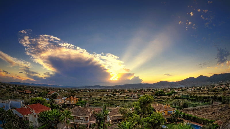 wonderful view over castellon spain, city, view, mountains, sunbeams, sunset, HD wallpaper