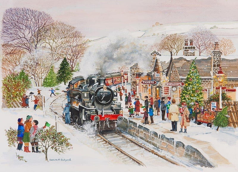 Steaming Along, locomotive, train, snow, people, painting, station, railways, artwork, HD wallpaper